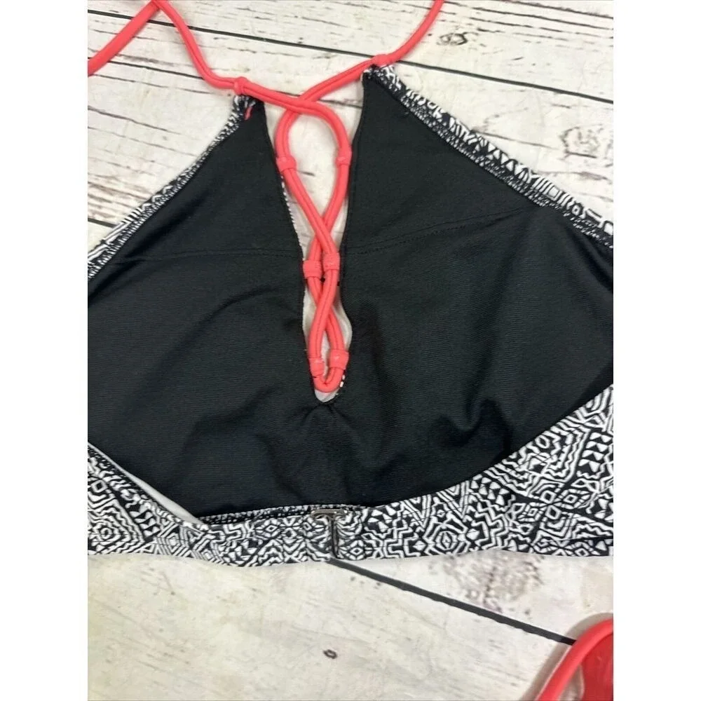 O'Rageous Womens Geometric Tribal Print Bikini Set Black White Coral Pink Large